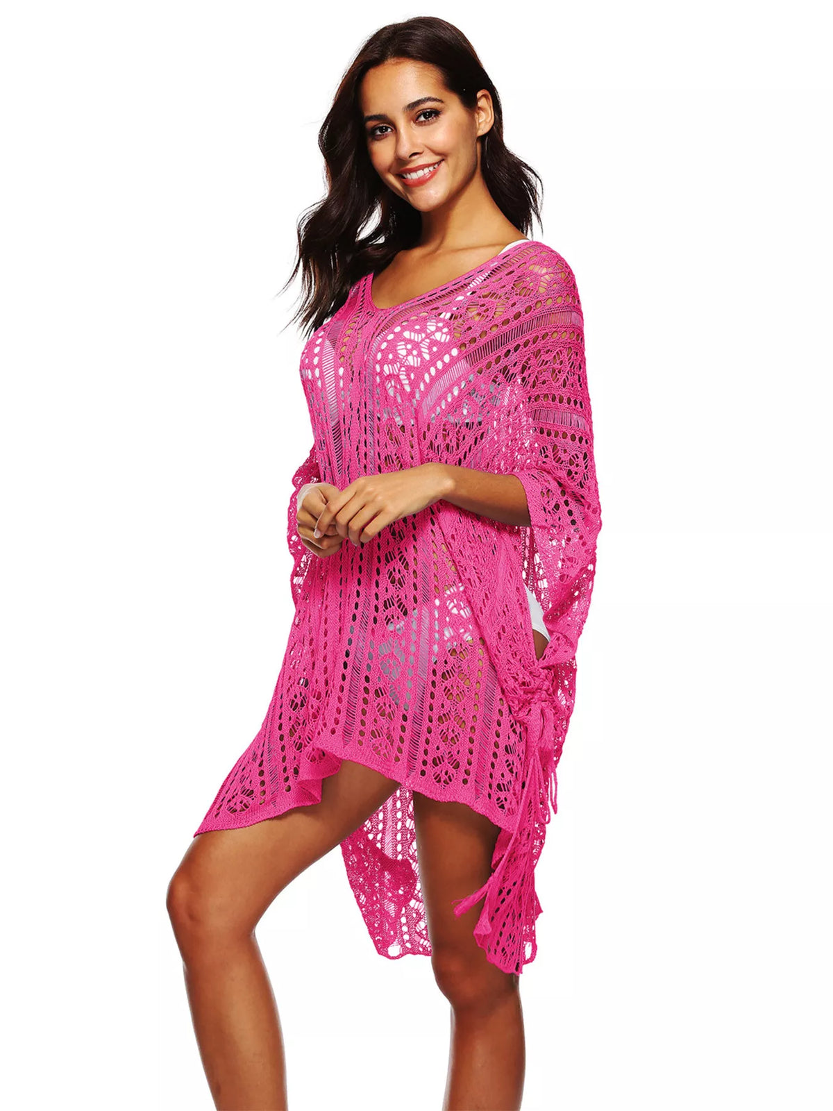 Crochet Knit V-Neck Cover-Up Fuchsia Pink / One Size