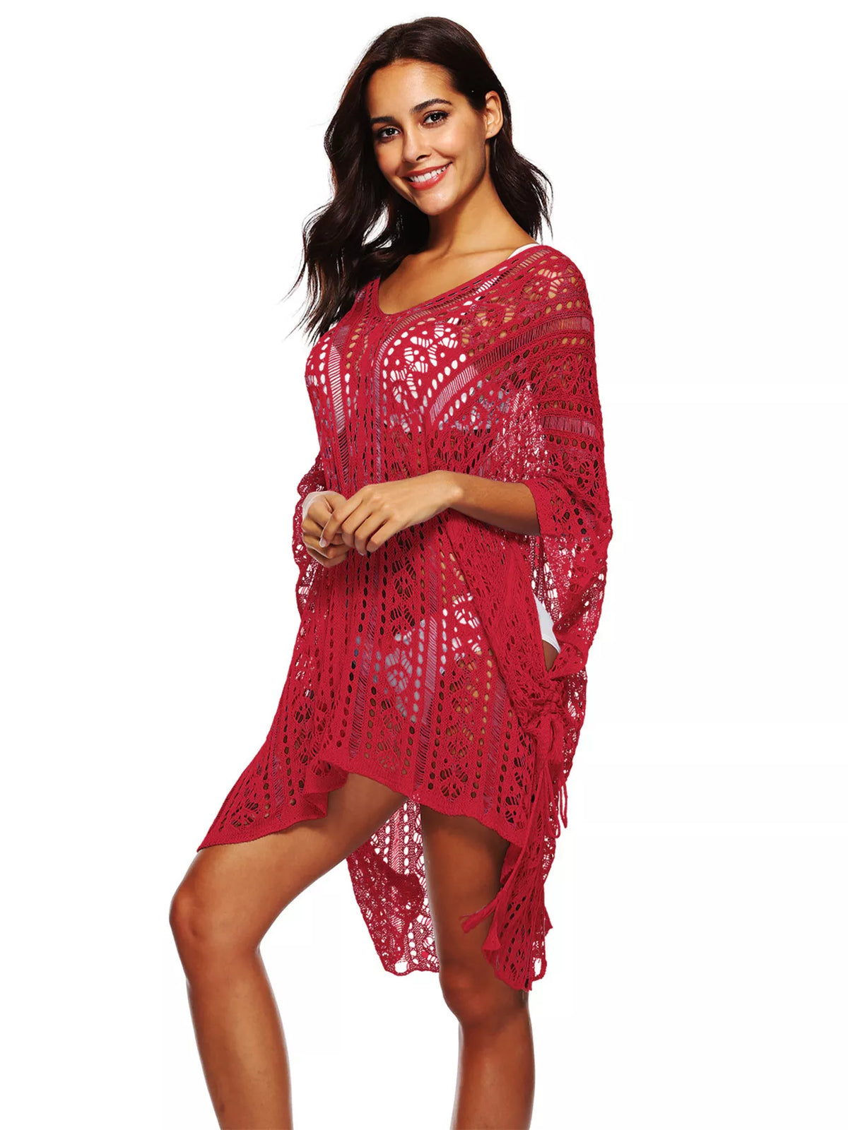 Crochet Knit V-Neck Cover-Up Scarlet / One Size