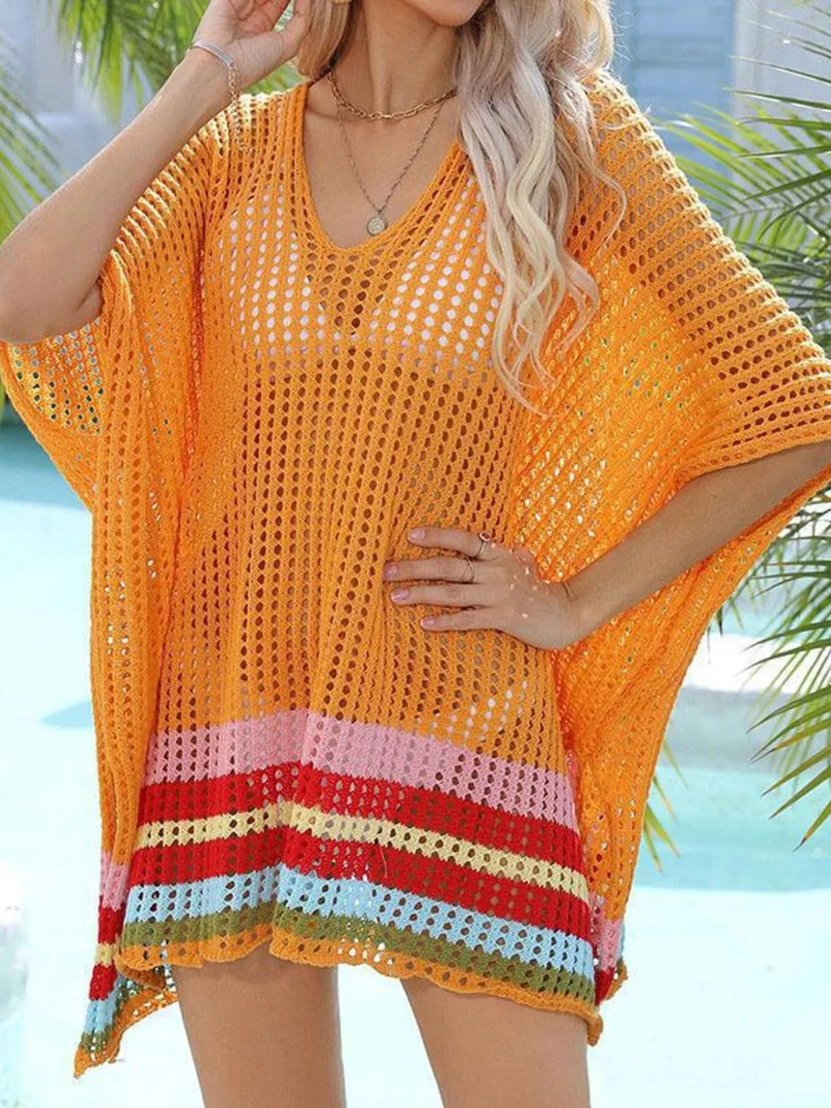 Crochet Rainbow Trim Cover-Up Dress Orange / One Size
