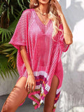 Crochet Rainbow Trim Cover-Up Dress Rose Red / One Size