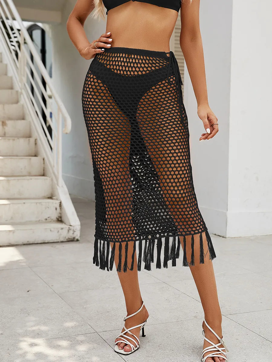 Sheer Crochet Knit Swim Cover-Up Skirt with Fringe Black / S