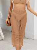Sheer Crochet Knit Swim Cover-Up Skirt with Fringe Caramel / S