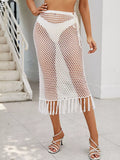 Sheer Crochet Knit Swim Cover-Up Skirt with Fringe White / S