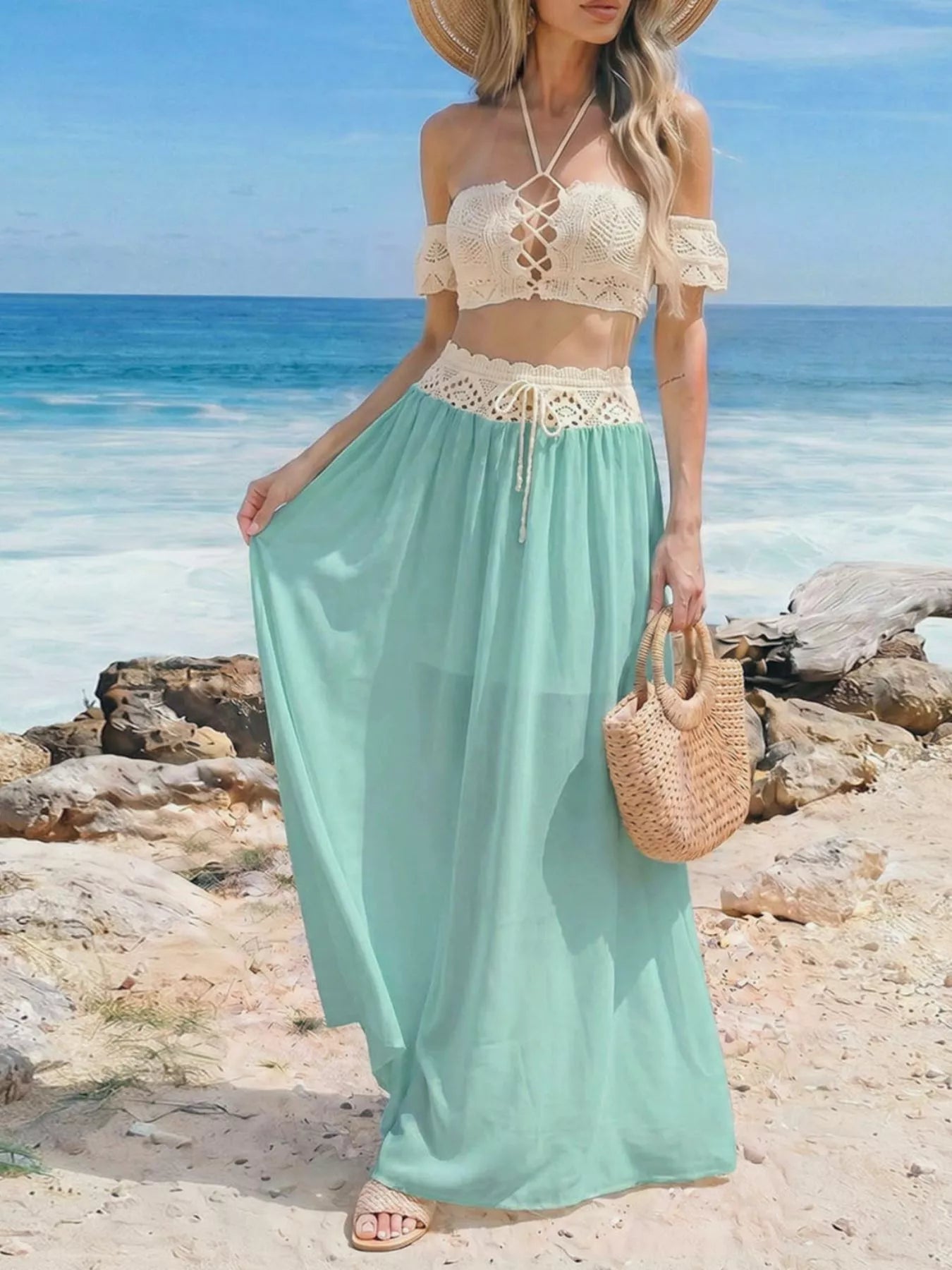 Crochet Top and Maxi Skirt Set Pastel  Blue / S