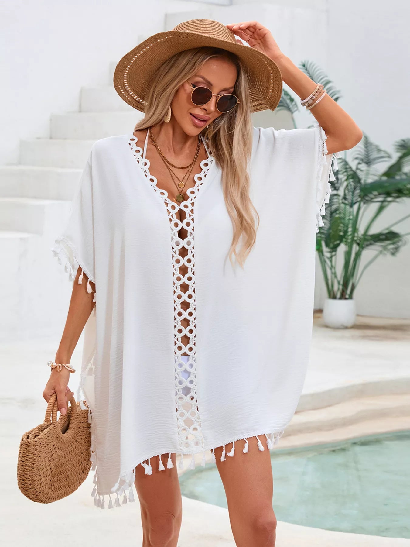 Crochet Trim Tassel Cover-Up Dress White / One Size