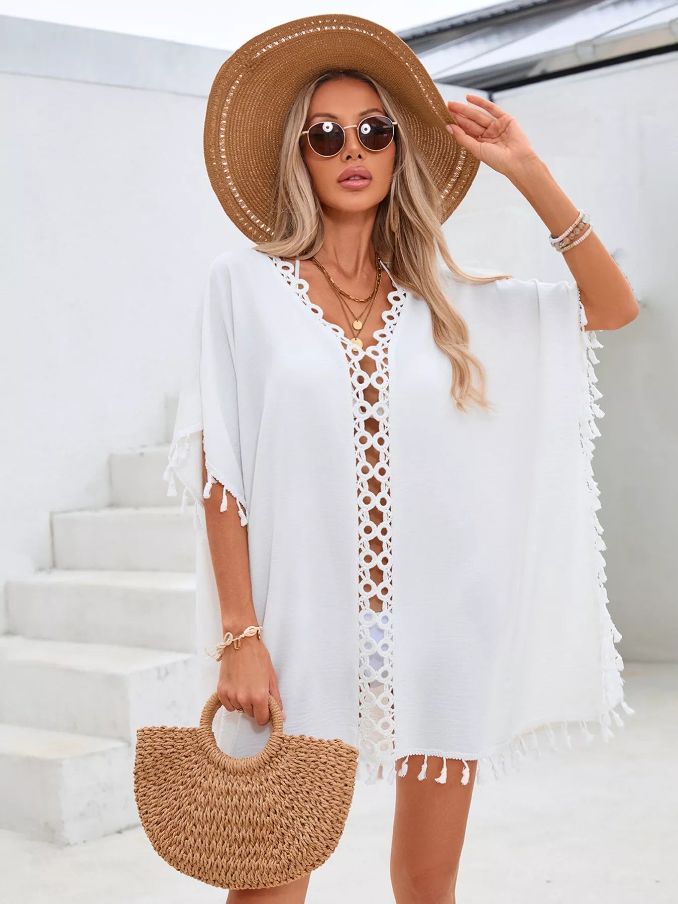 Crochet Trim Tassel Cover-Up Dress White / One Size