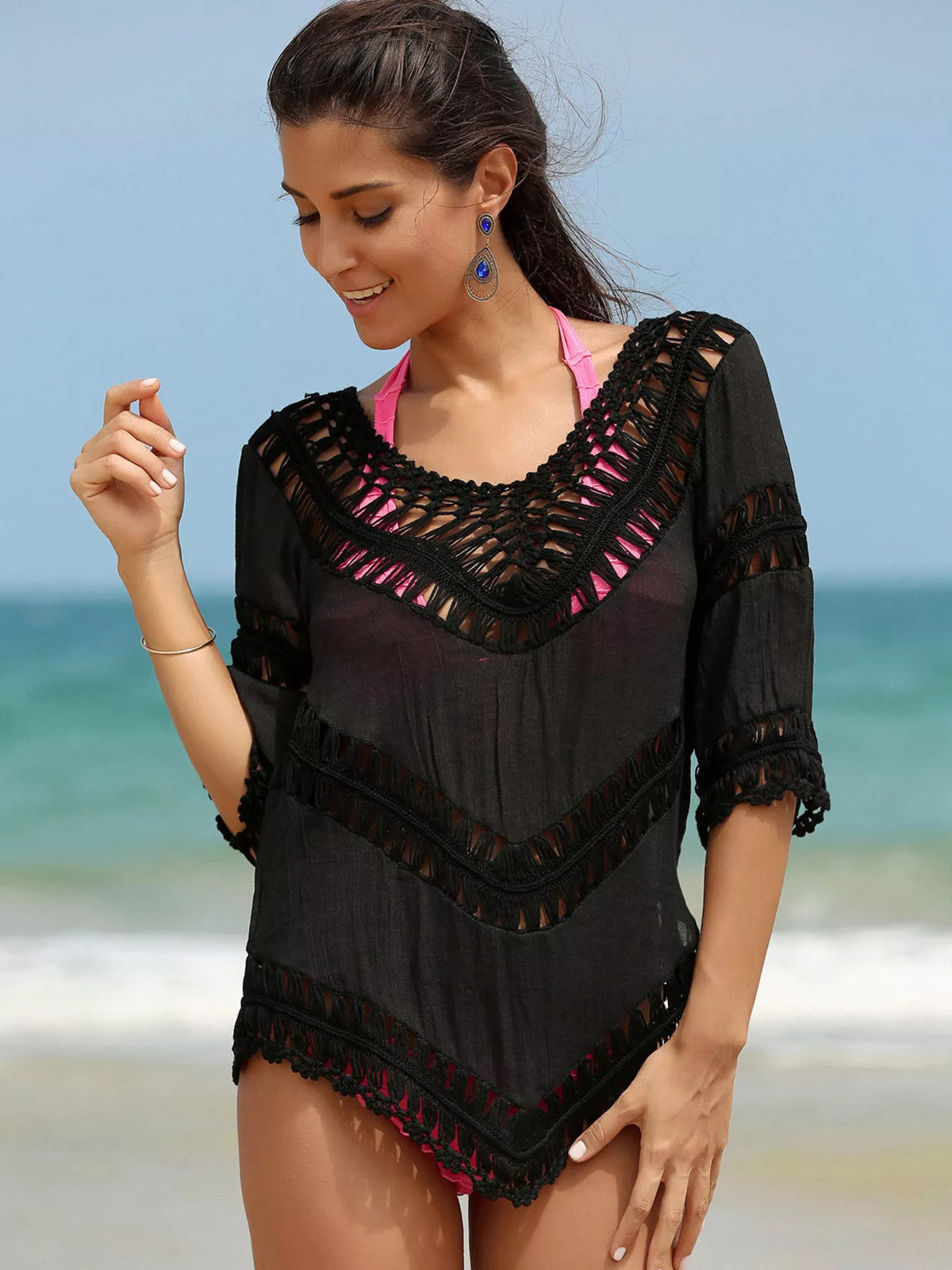 Crochet Trim V-Neck Cover Up Black / One Size