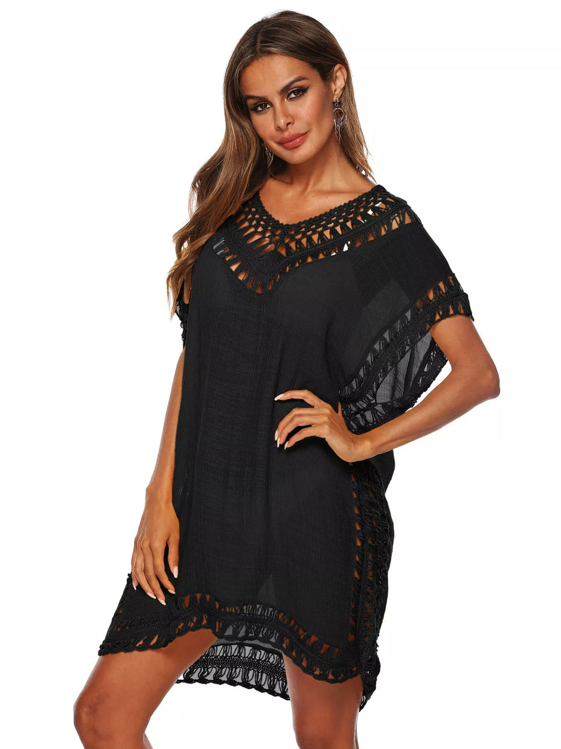 Crochet Trim V-Neck Cover-Up Dress Black / One Size