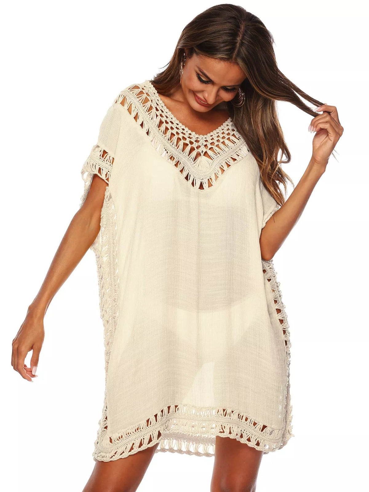 Crochet Trim V-Neck Cover-Up Dress Apricot / One Size