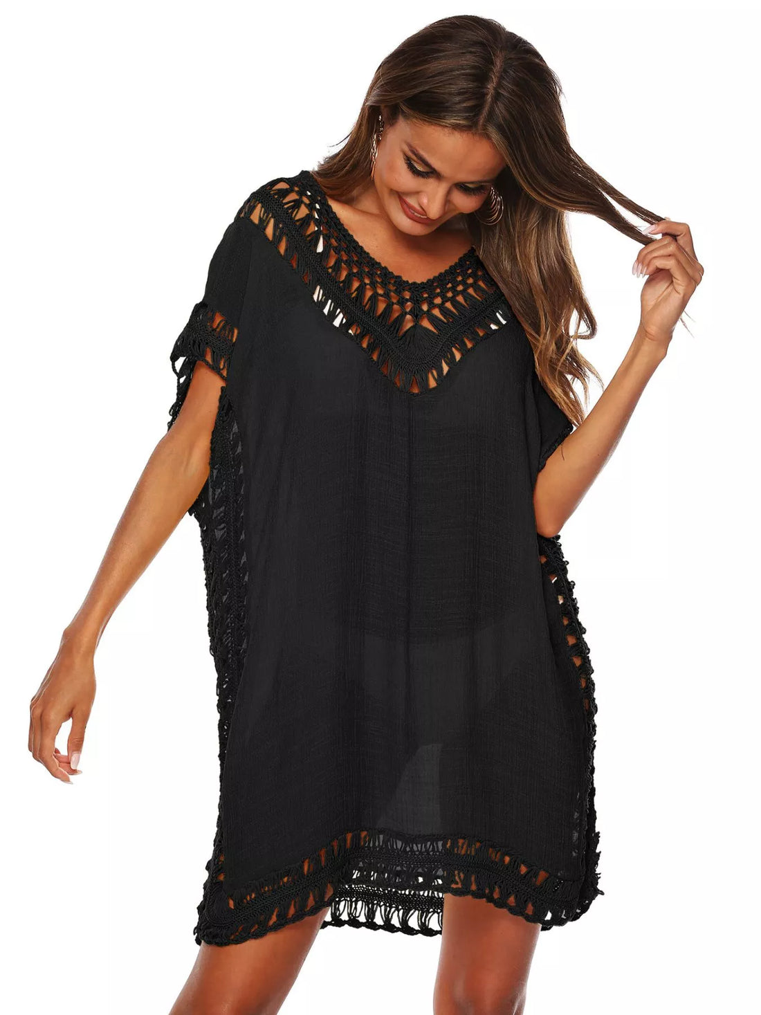 Crochet Trim V-Neck Cover-Up Dress Black / One Size