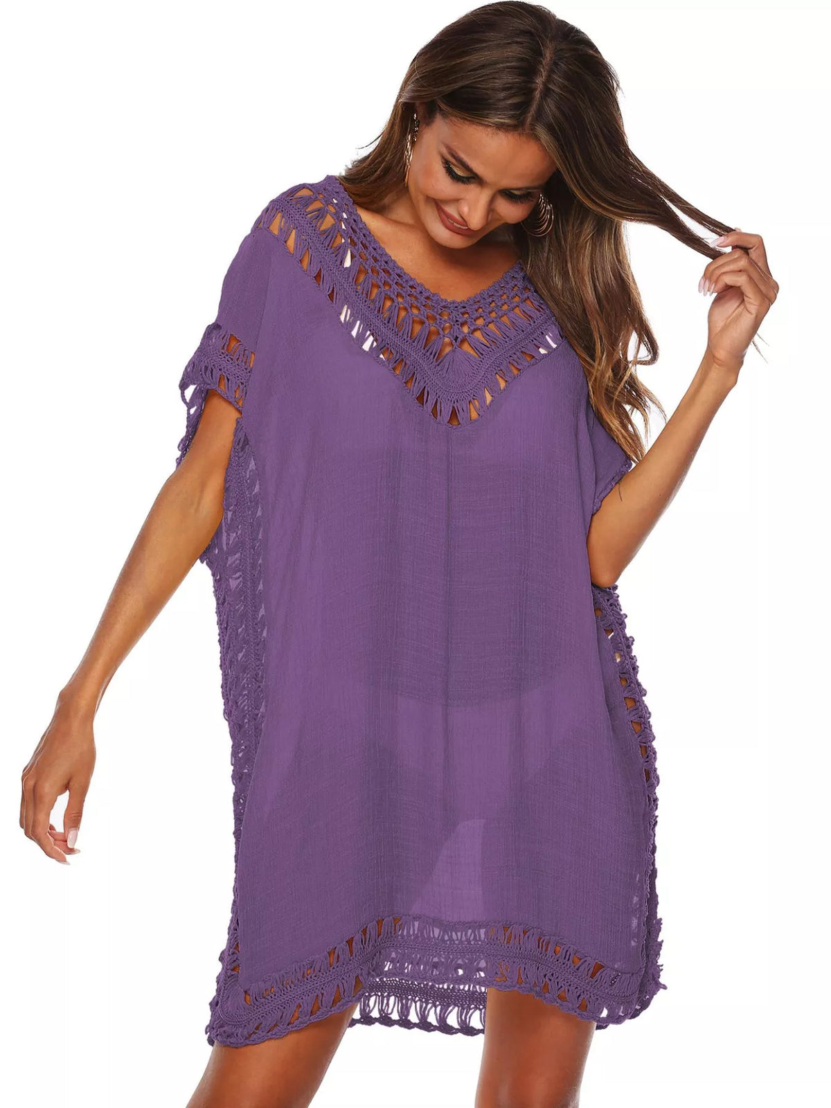 Crochet Trim V-Neck Cover-Up Dress Dark Purple / One Size