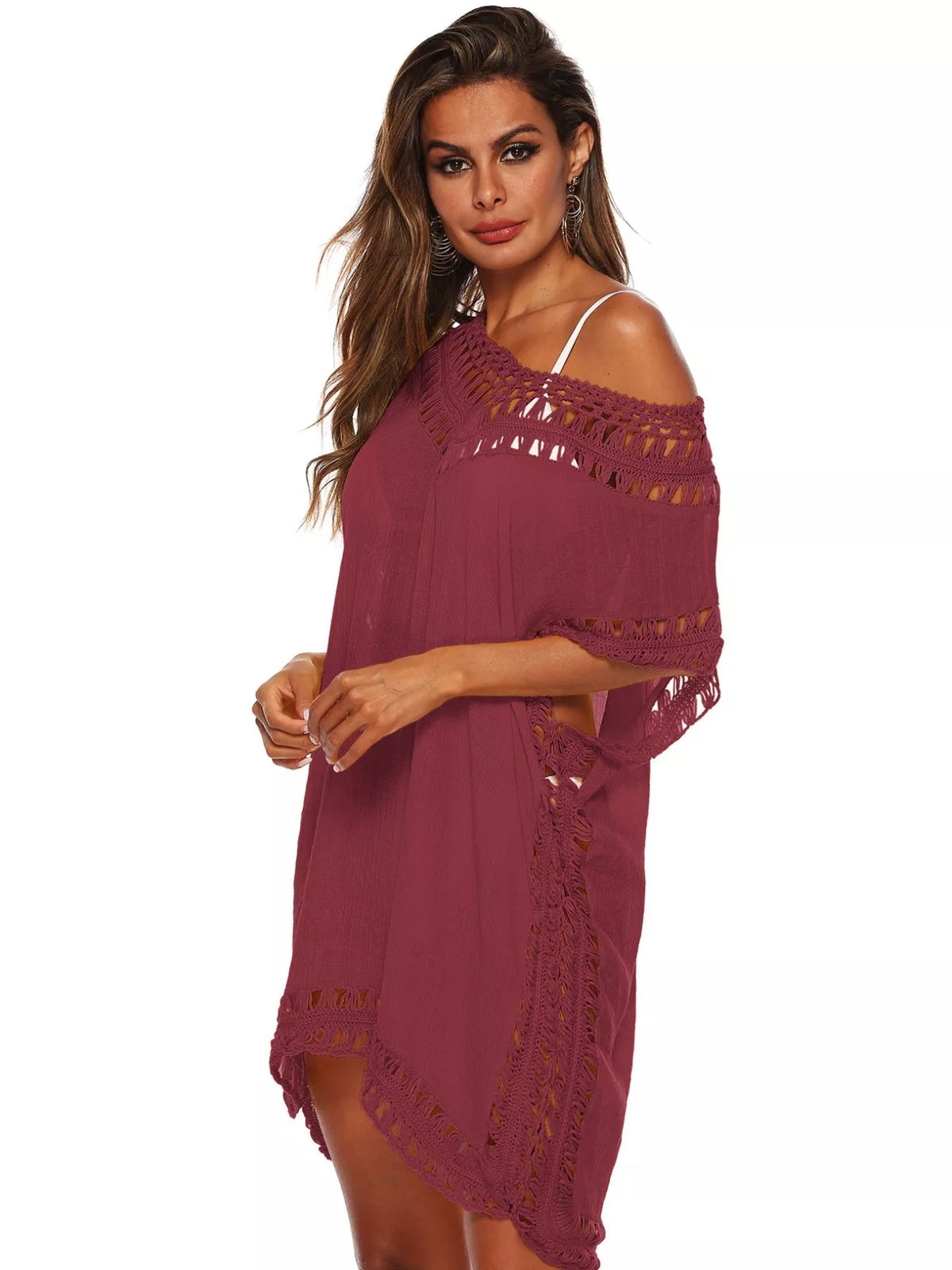 Crochet Trim V-Neck Cover-Up Dress Jujube / One Size