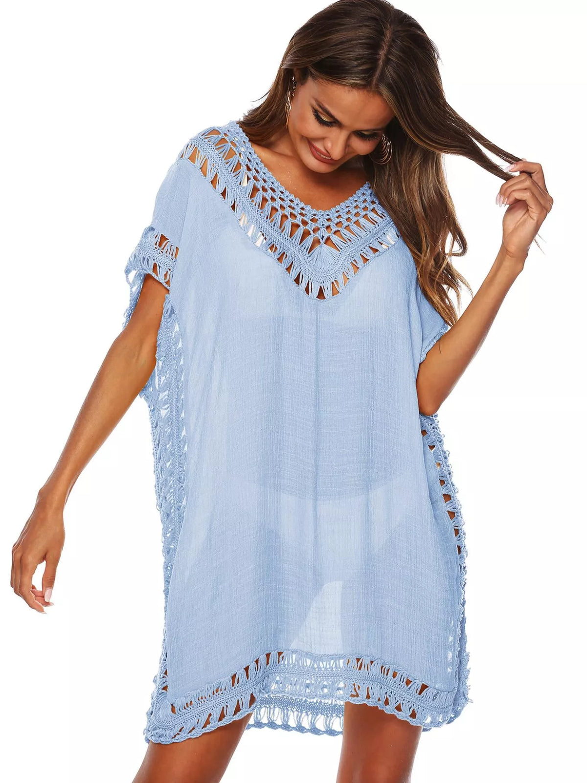 Crochet Trim V-Neck Cover-Up Dress Sky Blue / One Size