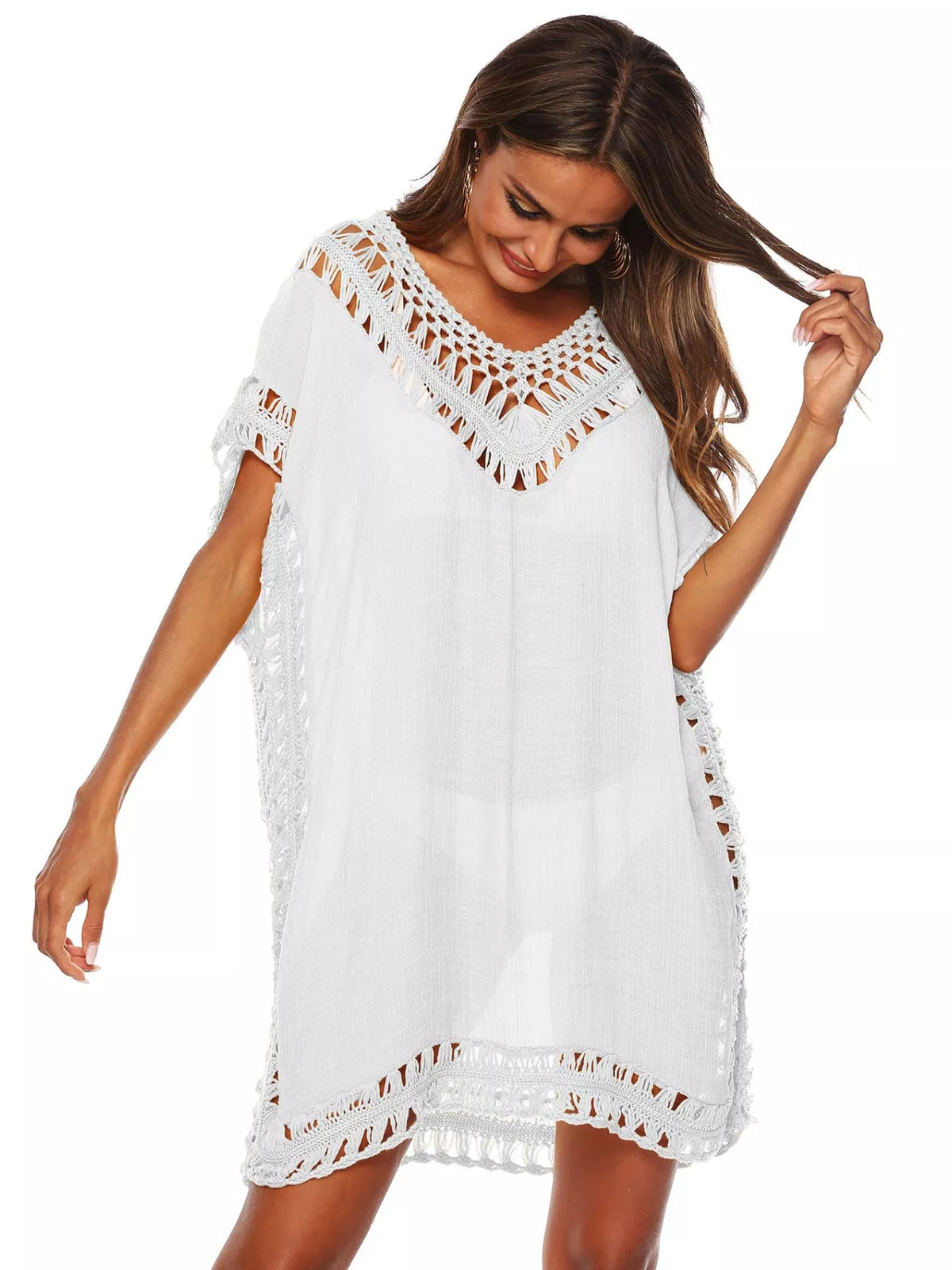 Crochet Trim V-Neck Cover-Up Dress White / One Size