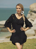 Crochet V-Neck Beach Cover-Up Dress Black / One Size