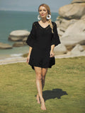Crochet V-Neck Beach Cover-Up Dress Black / One Size