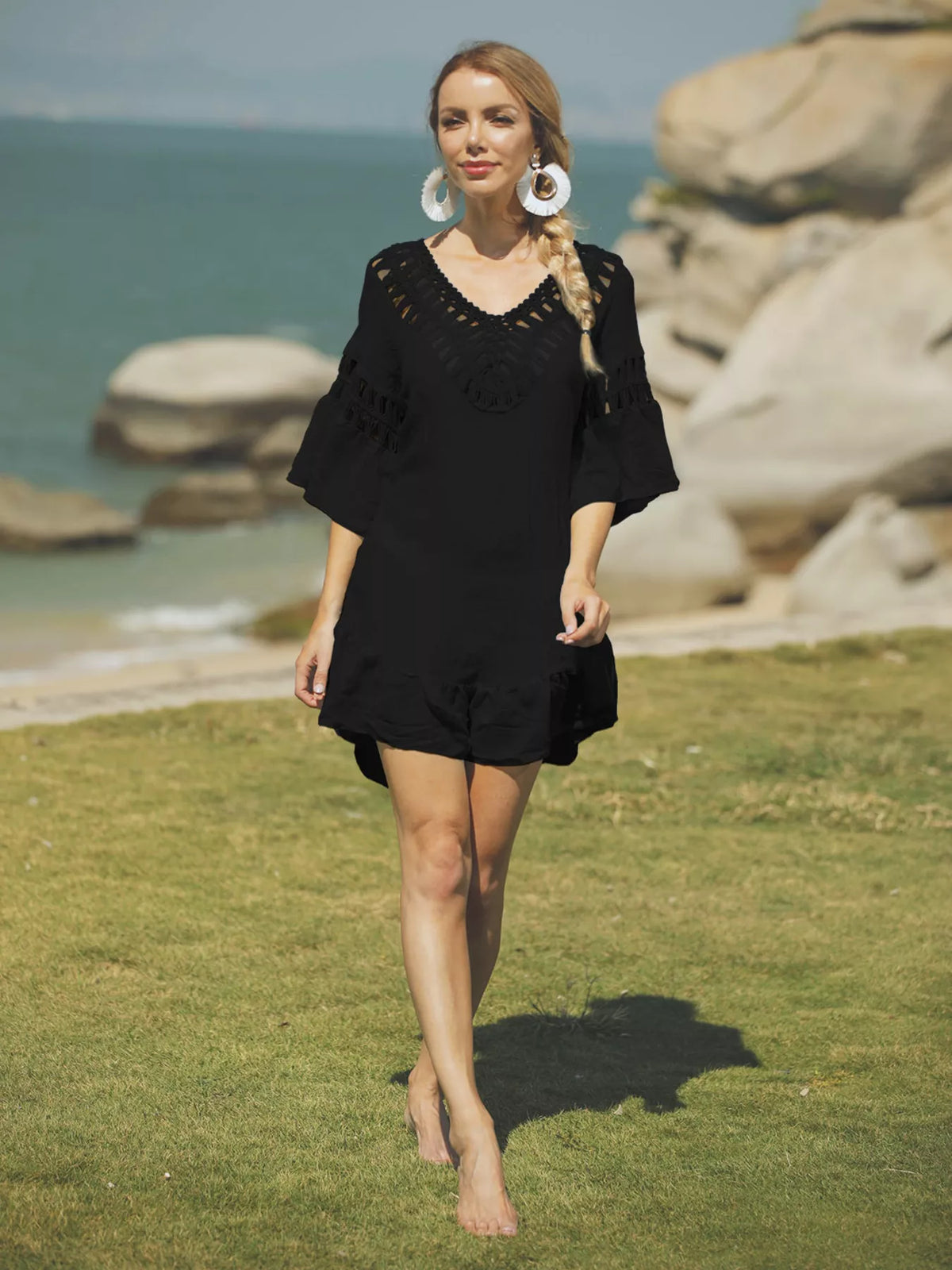 Crochet V-Neck Beach Cover-Up Dress Black / One Size