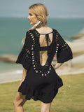 Crochet V-Neck Beach Cover-Up Dress Black / One Size