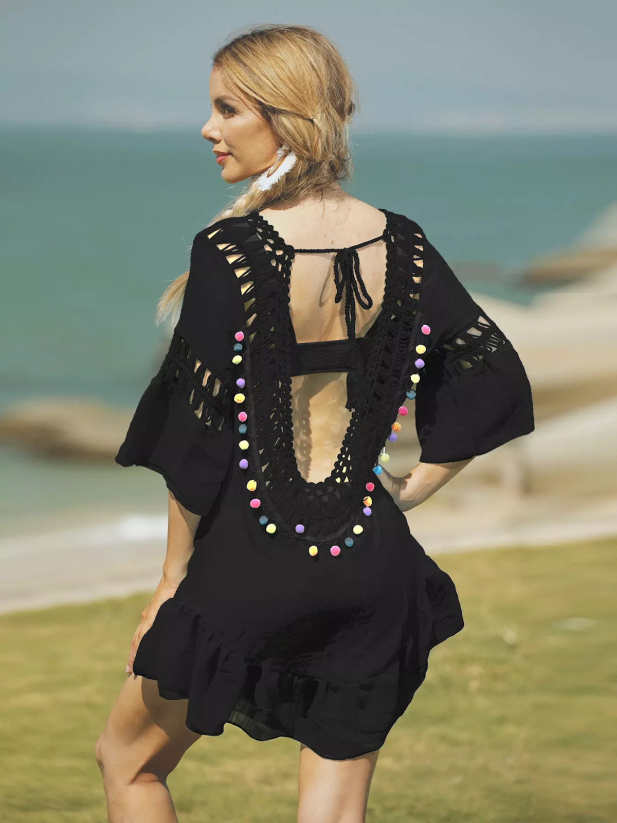 Crochet V-Neck Beach Cover-Up Dress Black / One Size