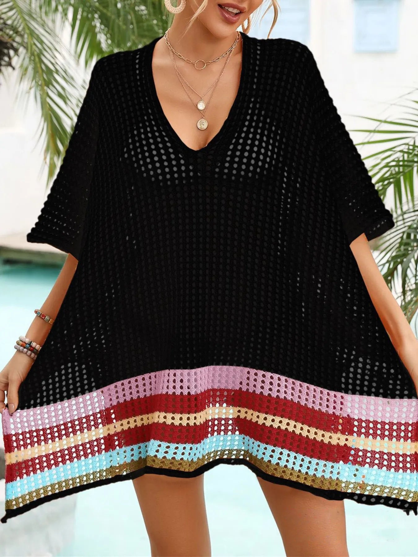 Crochet V-Neck Cover-Up Dress Black / One Size
