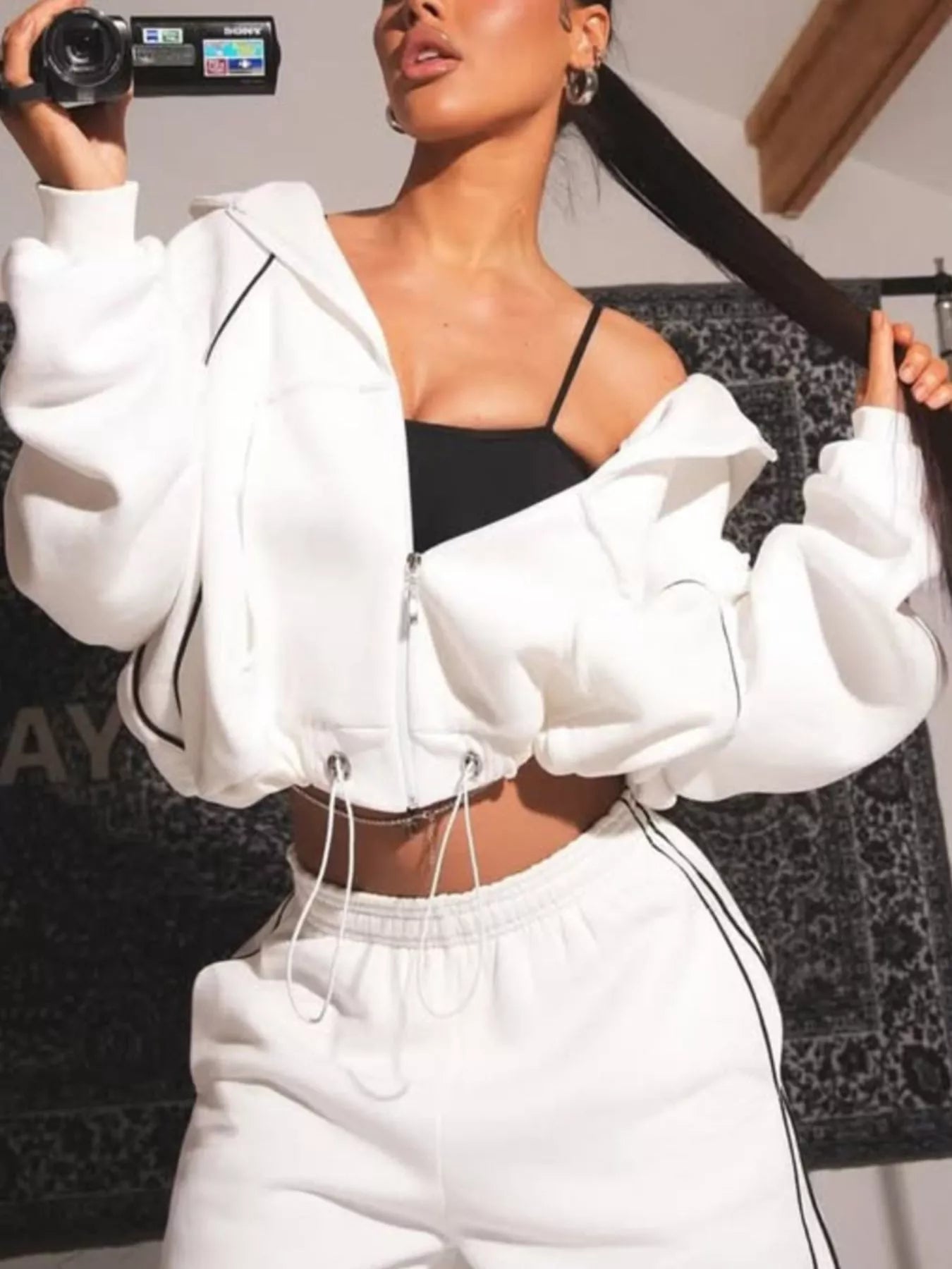 Cropped Zip-Up Hoodie & Wide-Leg Sweatpants Set