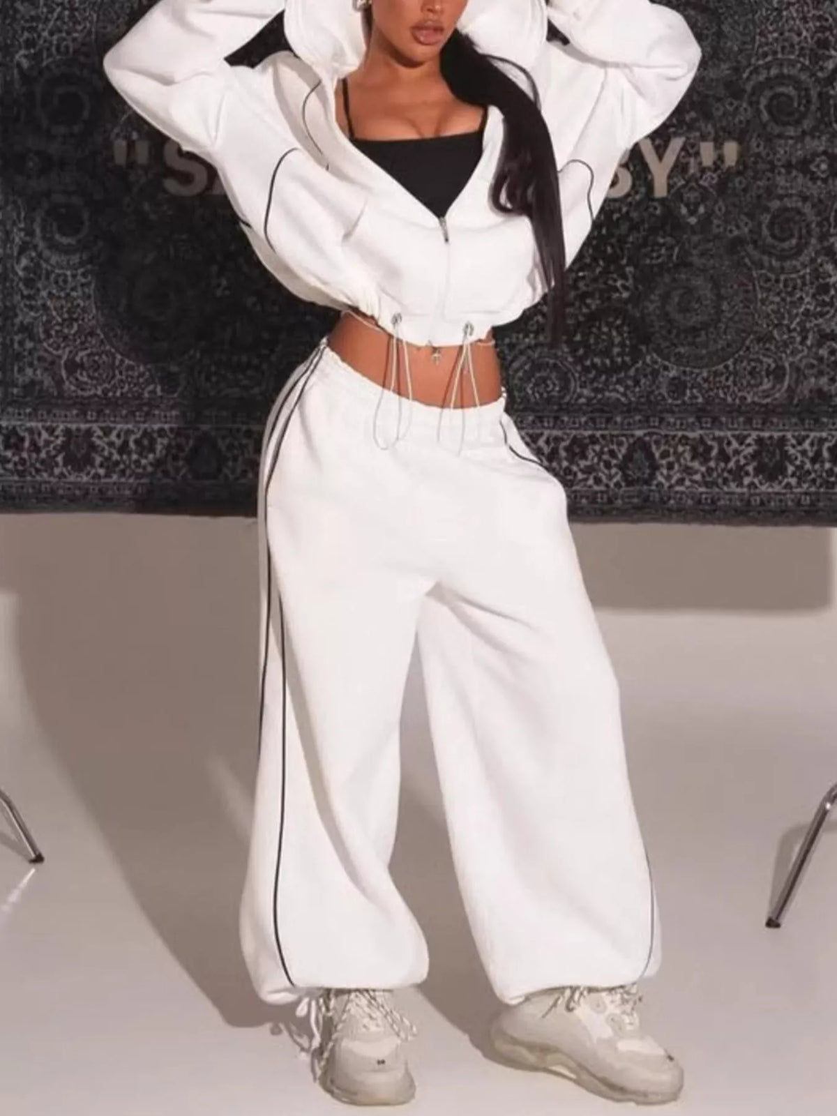 Cropped Zip-Up Hoodie and Wide-Leg Sweatpants Lounge Set