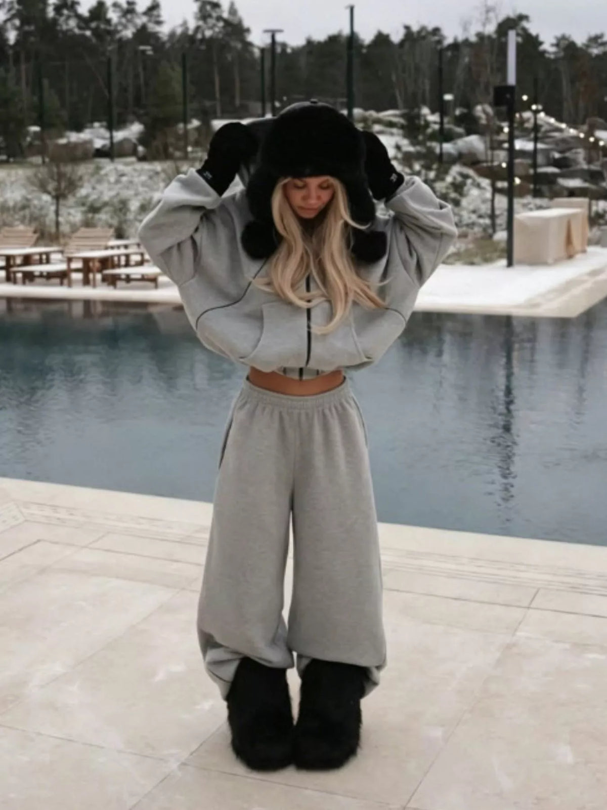 Cropped Zip-Up Hoodie and Wide-Leg Sweatpants Lounge Set