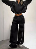 Cropped Zip-Up Hoodie and Wide-Leg Sweatpants Lounge Set Black / S