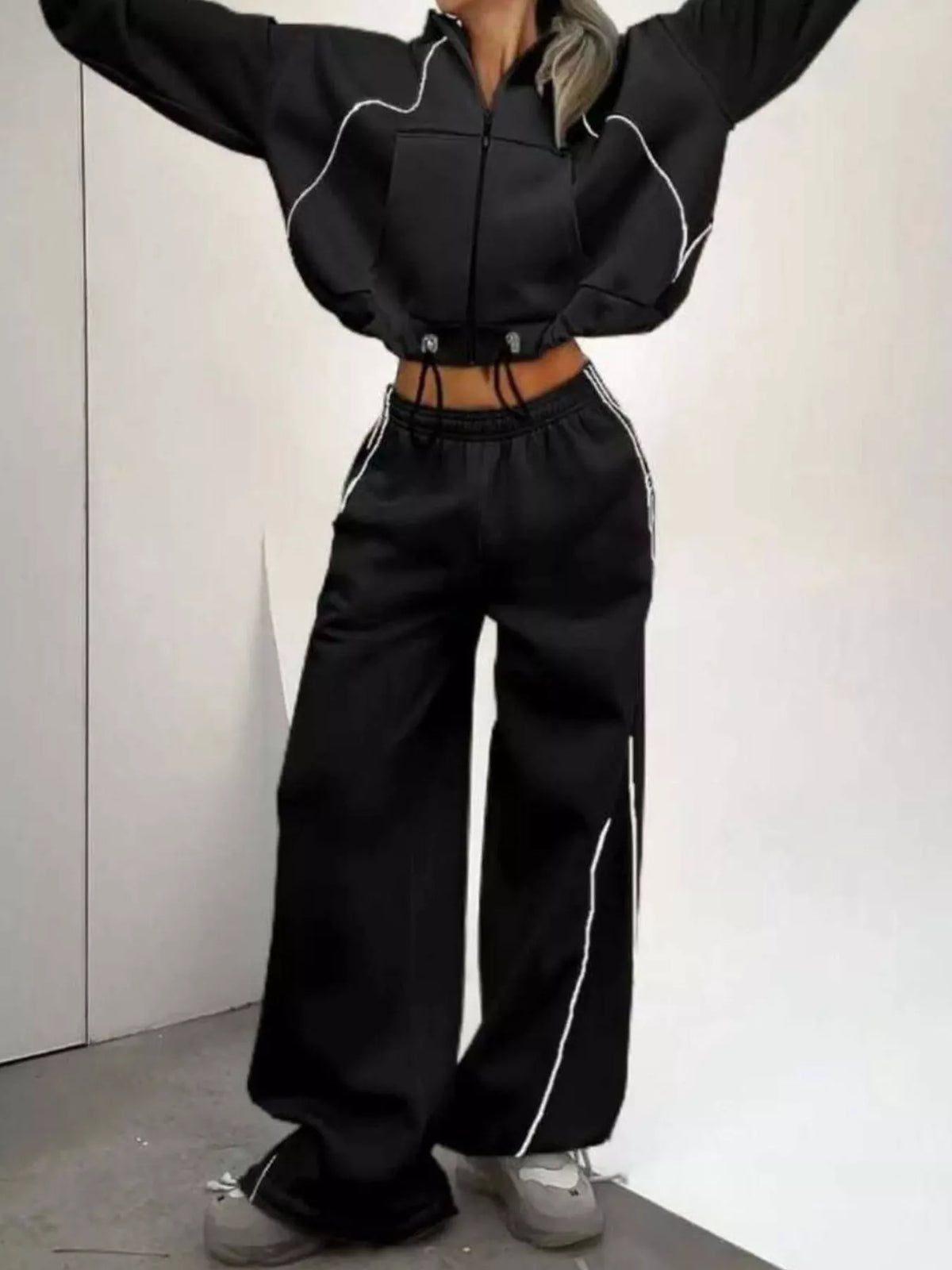 Cropped Zip-Up Hoodie and Wide-Leg Sweatpants Lounge Set Black / S