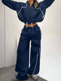 Cropped Zip-Up Hoodie and Wide-Leg Sweatpants Lounge Set Blue / S