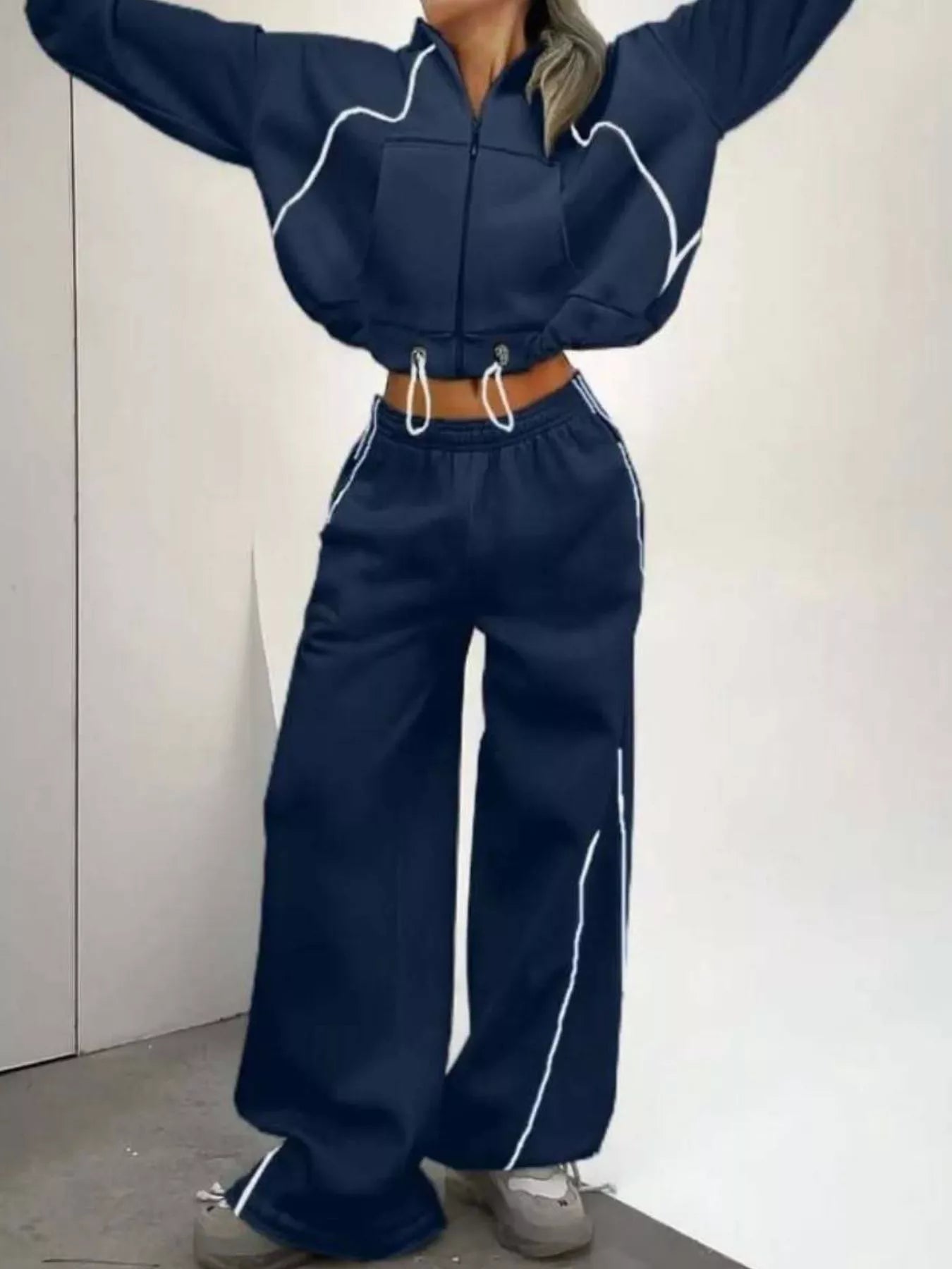 Cropped Zip-Up Hoodie and Wide-Leg Sweatpants Lounge Set Blue / S