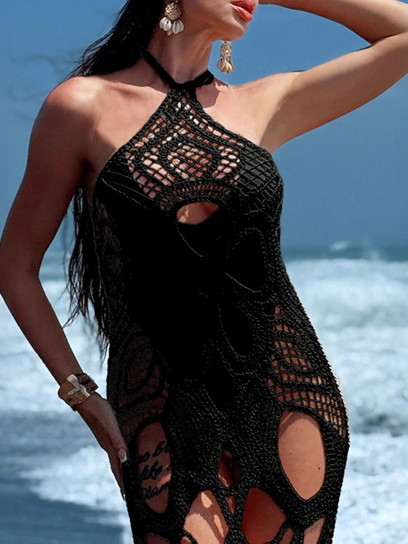 Cutout Halter Neck Cover-Up Dress Black / One Size