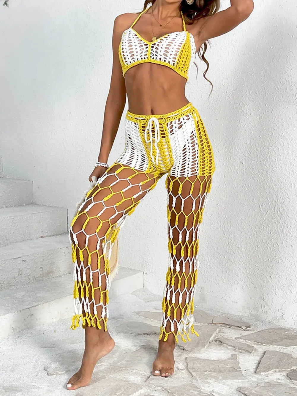 Cutout Halter Top & Pants Two-Piece Swim Set