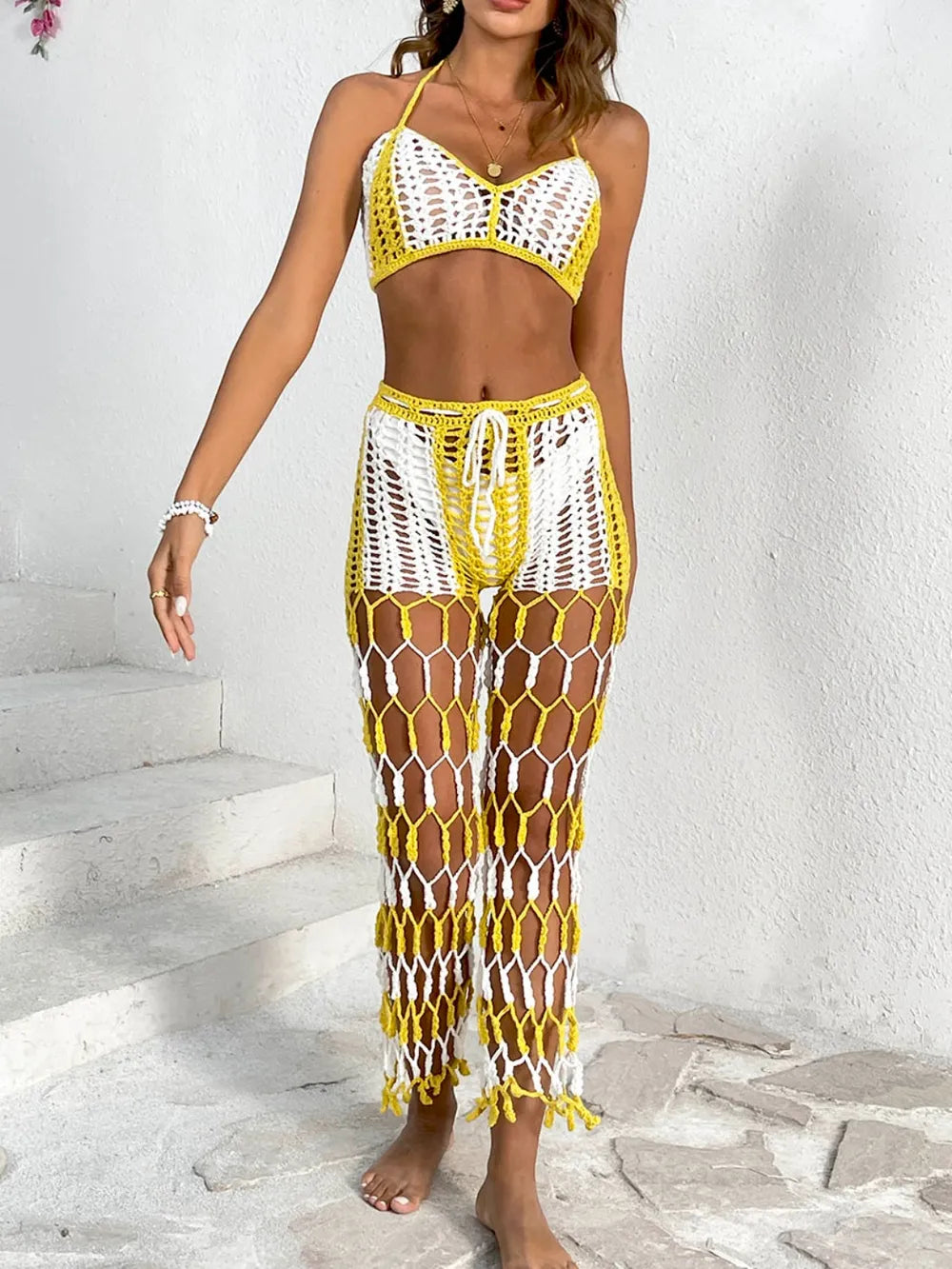 Cutout Halter Top & Pants Two-Piece Swim Set