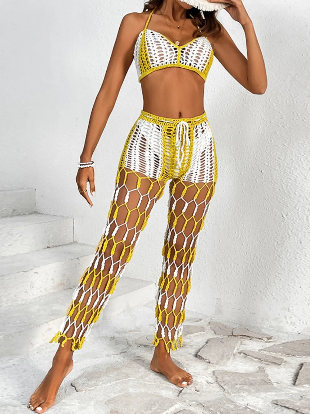 Cutout Halter Top & Pants Two-Piece Swim Set