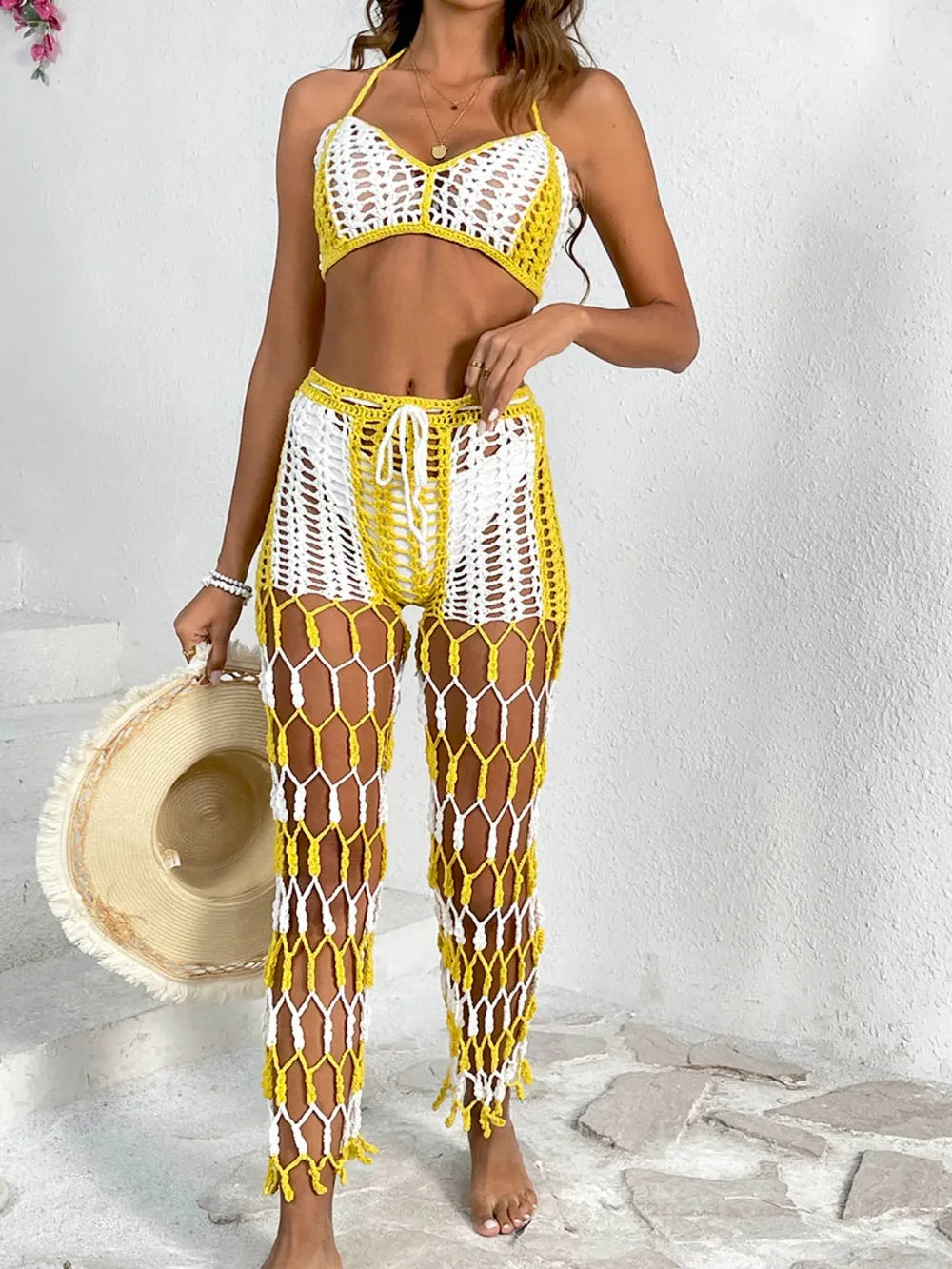 Cutout Halter Top & Pants Two-Piece Swim Set