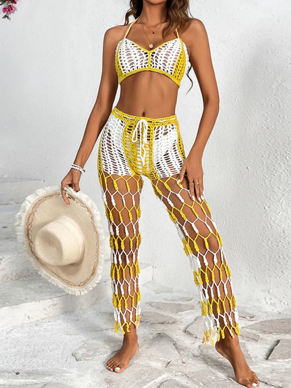 Cutout Halter Top & Pants Two-Piece Swim Set Gold / S