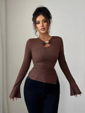 Cutout Long Sleeve Top Brown / S