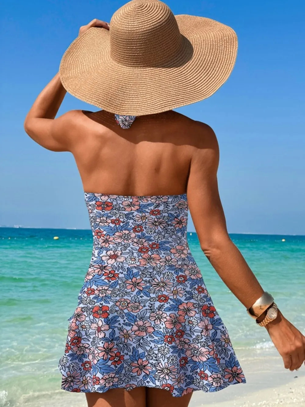 Cutout Printed Halter Neck One-Piece Swimwear Dusty Blue / S