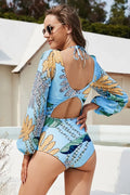 Cutout Printed One-Piece Swimsuit with Sleeves