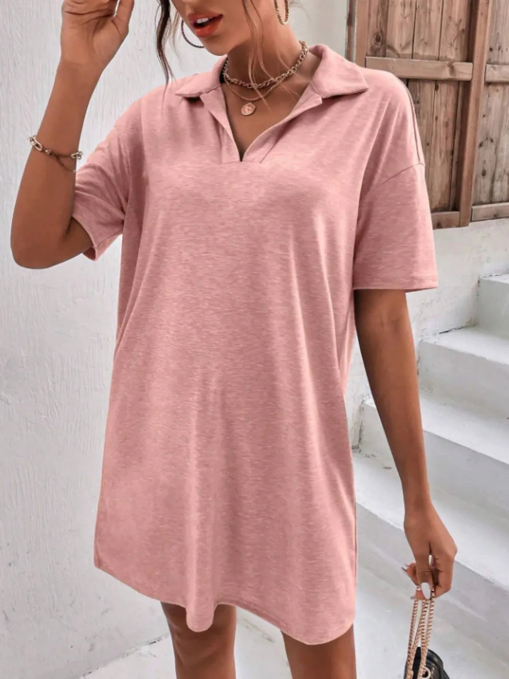 Johnny-Collar Short-Sleeve Polo Dress - product view 4