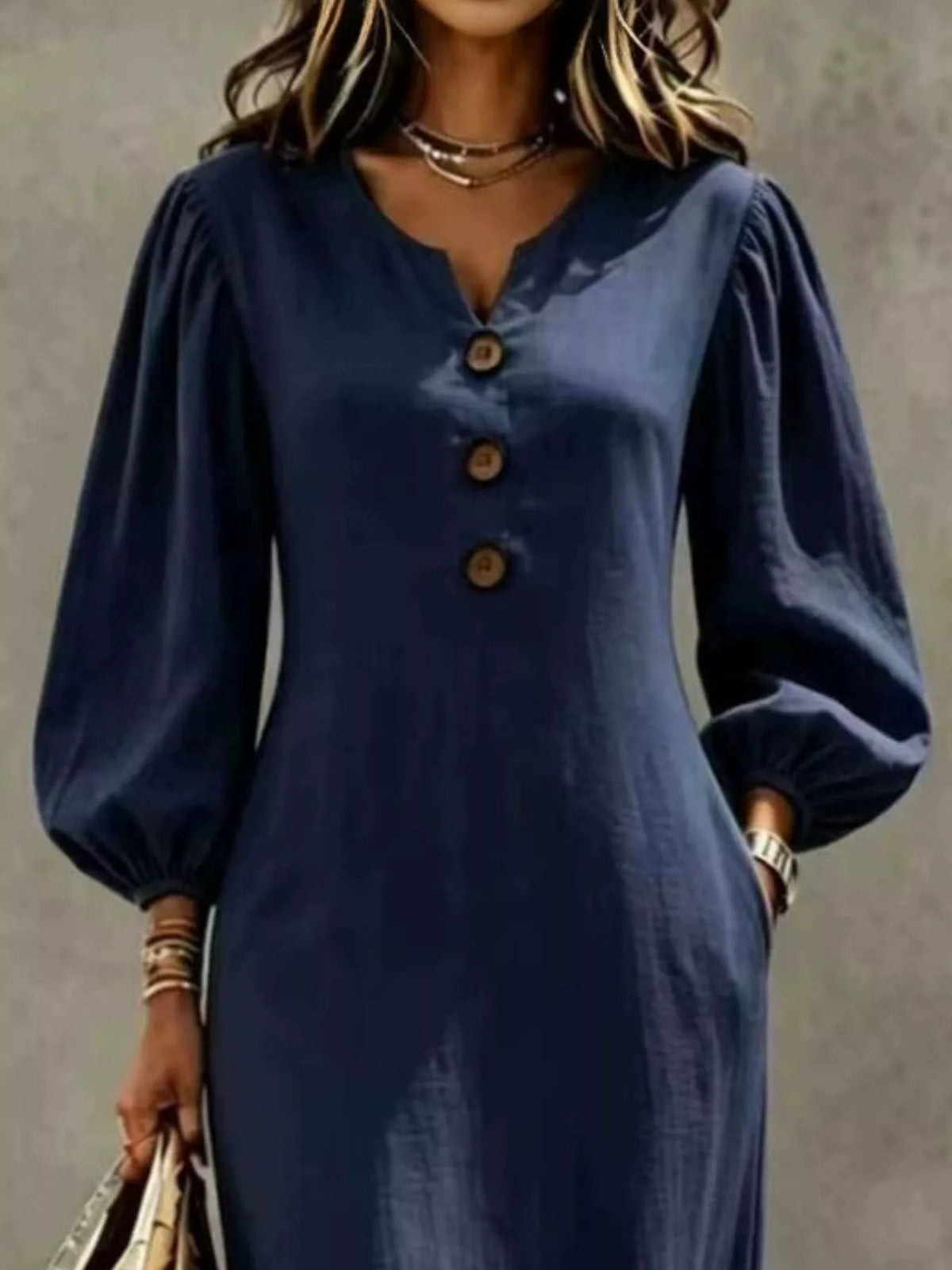 Decorative Button Balloon Sleeve Maxi Dress