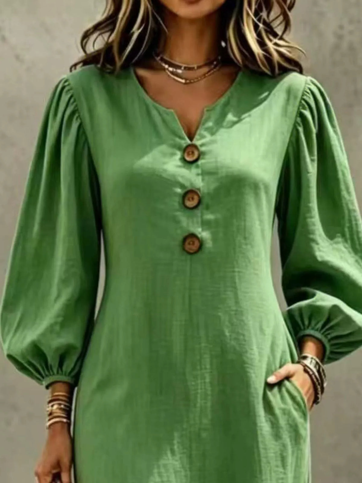 Decorative Button Balloon Sleeve Maxi Dress