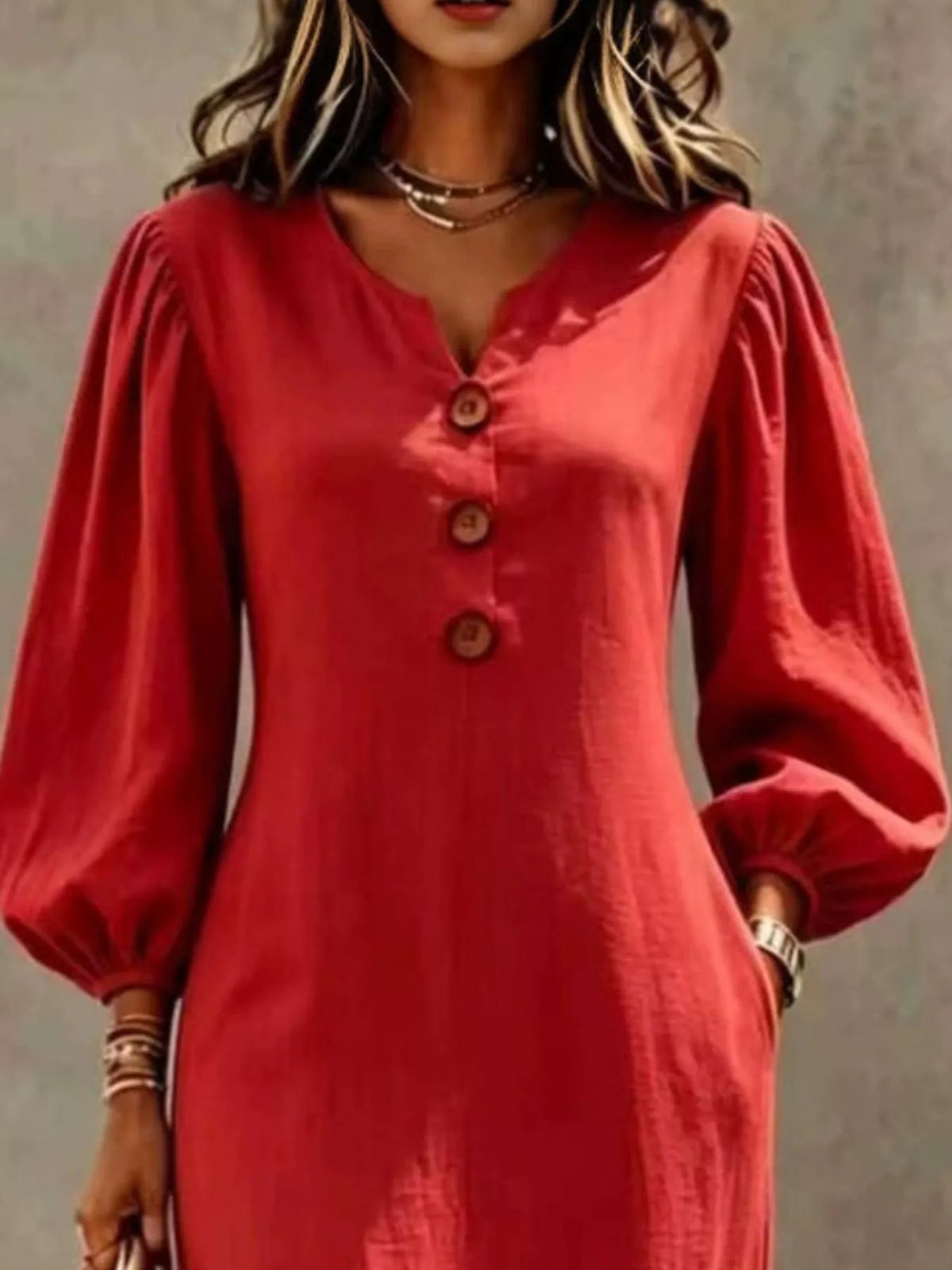 Decorative Button Balloon Sleeve Maxi Dress