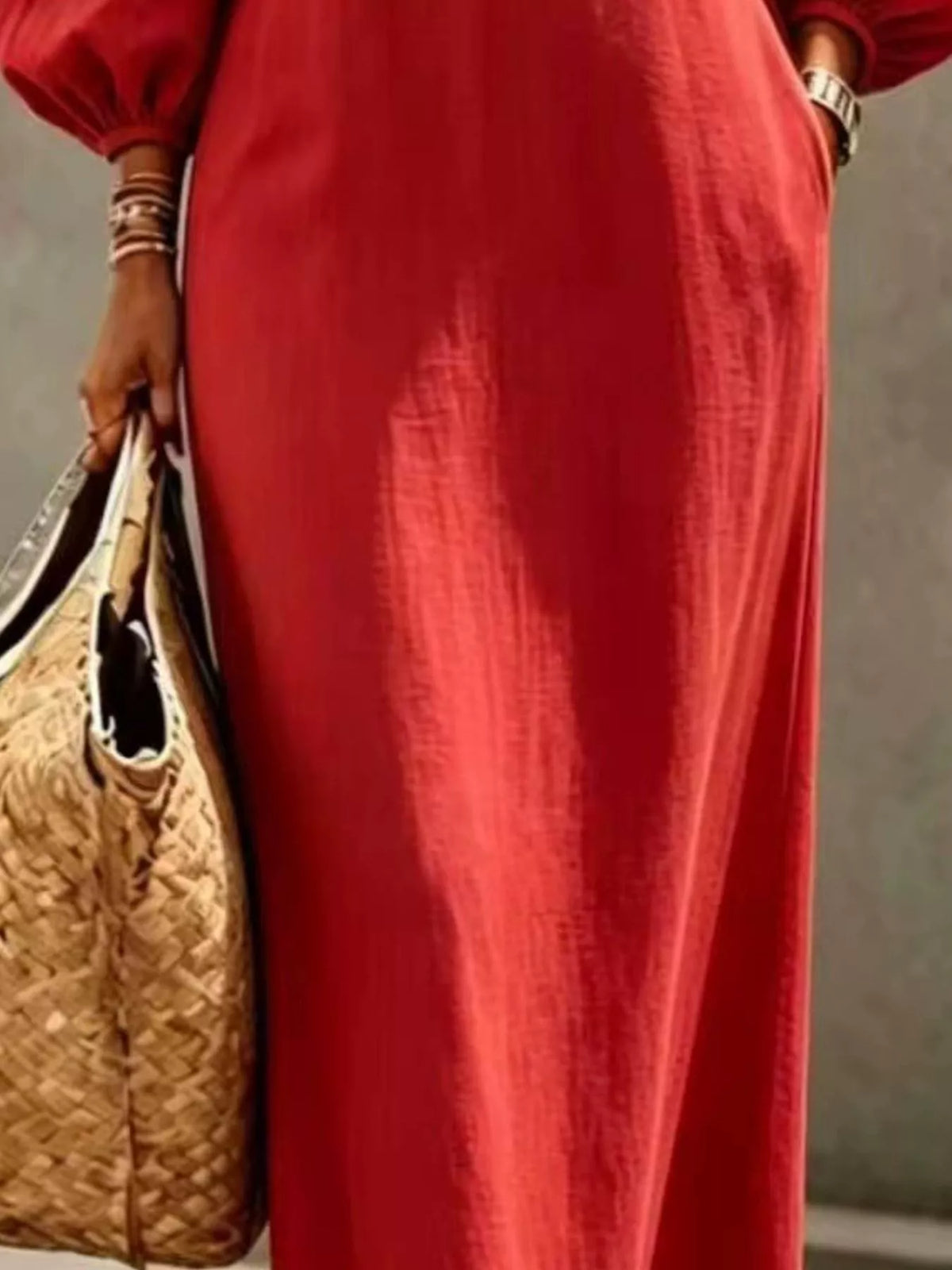 Decorative Button Balloon Sleeve Maxi Dress