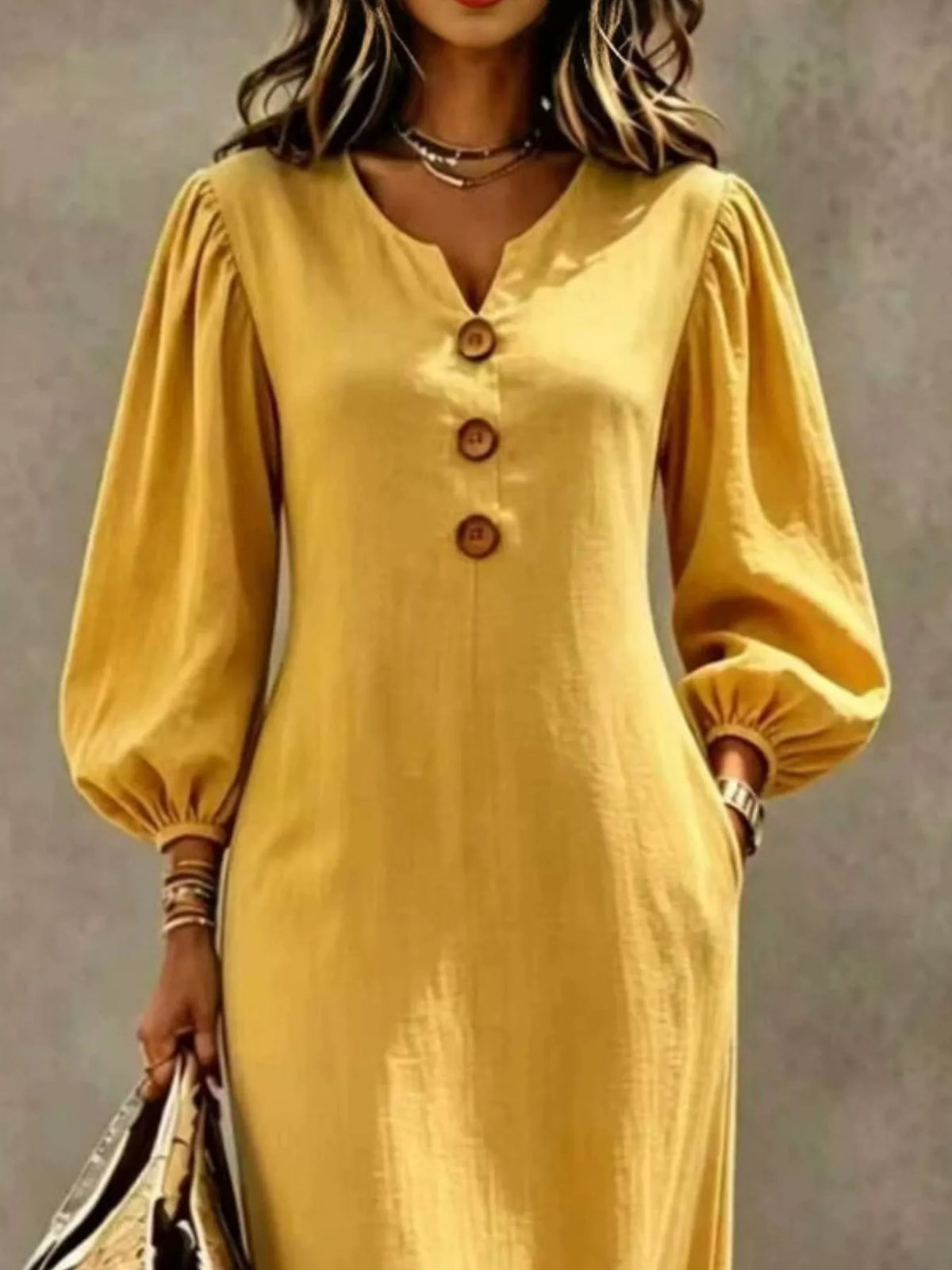 Decorative Button Balloon Sleeve Maxi Dress