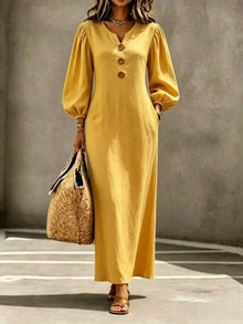 Balloon Sleeve Button-Detail Maxi Dress