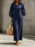 Decorative Button Balloon Sleeve Maxi Dress Navy / S