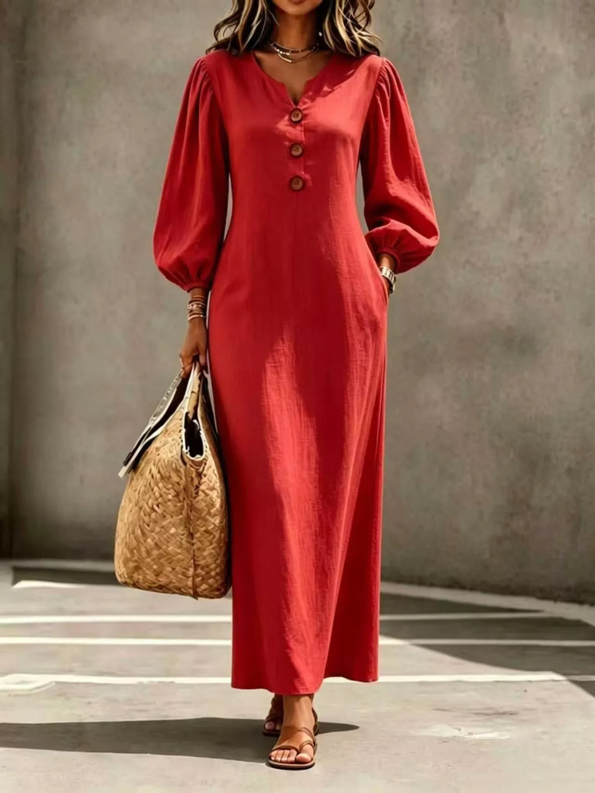 Decorative Button Balloon Sleeve Maxi Dress Scarlet / S