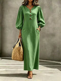 Decorative Button Balloon Sleeve Maxi Dress Sea Green / S